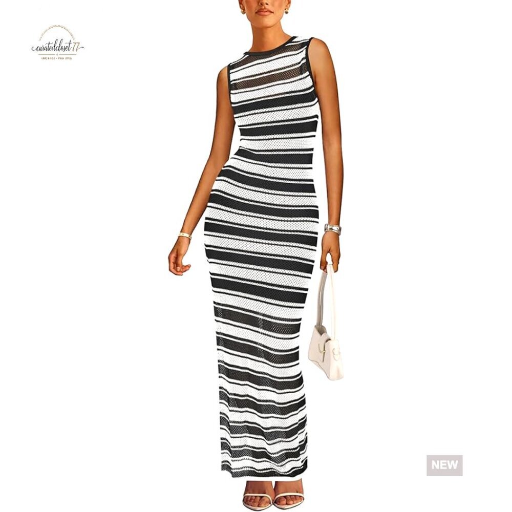 Striped Crochet Maxi Dress Coverup Sleeveless Beach Vacation Bodycon
